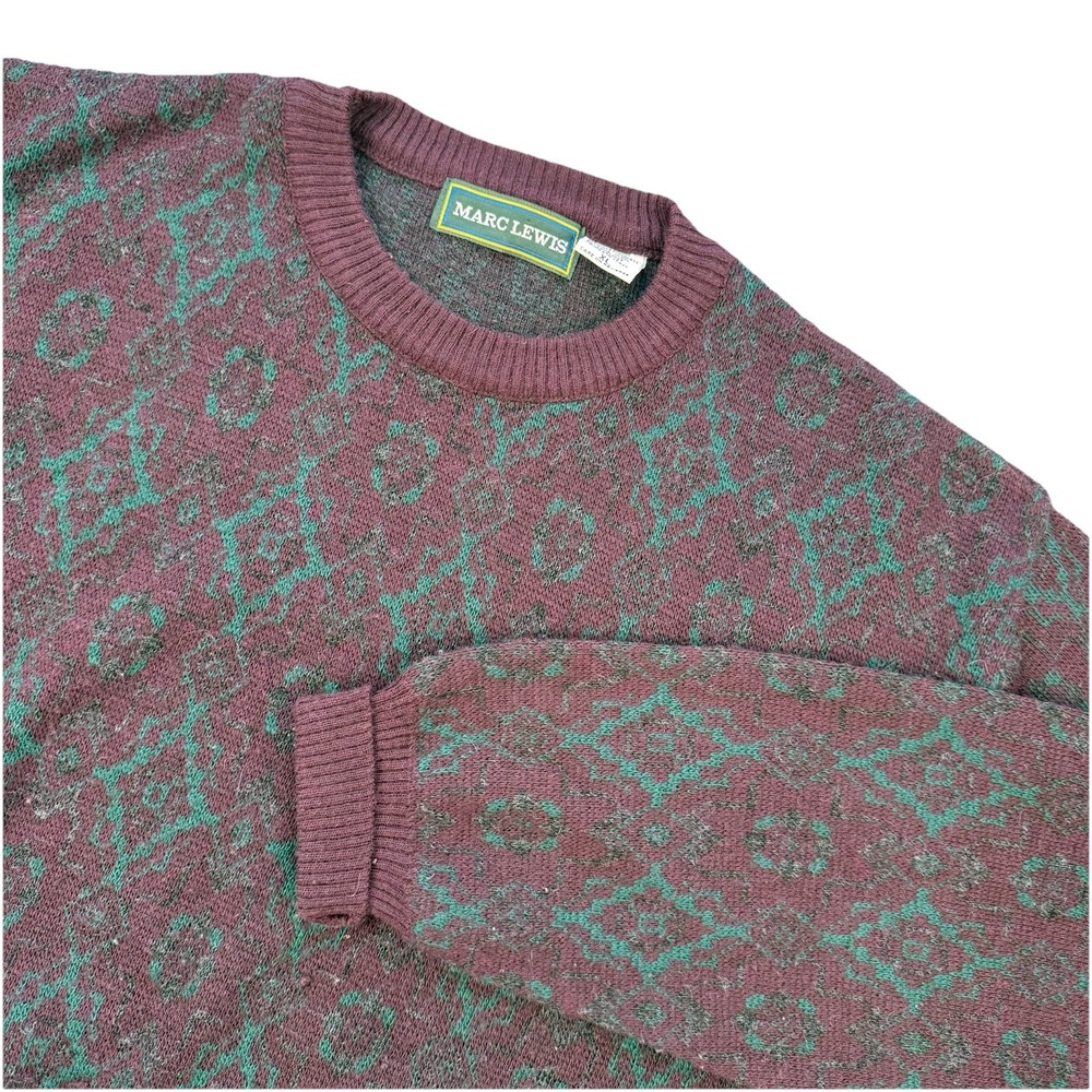Vintage Marc Edwards Sweater Mens XL Purple Green Design Knit Pullover Retro 90s
